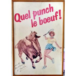 Rare Poster Pub Dedicaced Handmade  Quel Punch Le Boeuf Tenniswoman Vintage Kitchen Deco 