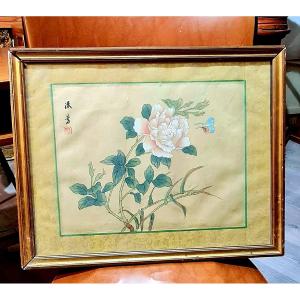 Rose And Butterfly Ancient Chinese Hand Painting On Silk With Calligraphy And Red Stamp