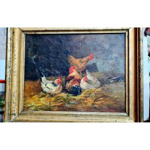 Peinture De Grange Scene De Basse Cour De Poulailler Poules Coq XIX Eme Huile/ Toile Monogramme