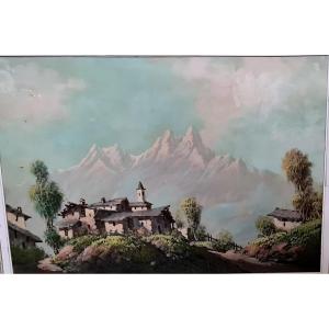 84 x 115 cms Grand Tableau Huile sur panneau  Village Montagne Alpes suisse franco italiennes  Fin XIX Eme Debut XX Eme 