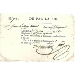 Rare Premier Empire. Requisition grognard Billet De Logement. Napoléon. Militaria. Condom.