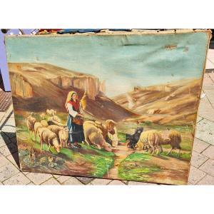 Tableau huile toile Grand Format Bergere Jeanne D Arc Gardant Ses Moutons XIX Eme A Restaurer 