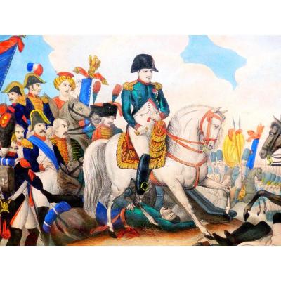 austerlitz Napoléon bonaparte empereur grande  gravure aquarelle rehaussé colorisé vernis mou 