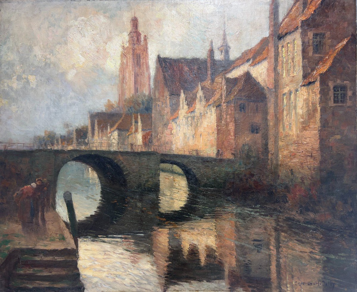 Georges Hippolyte Dilly - Canal In Bruges - Oil On Canvas-photo-2