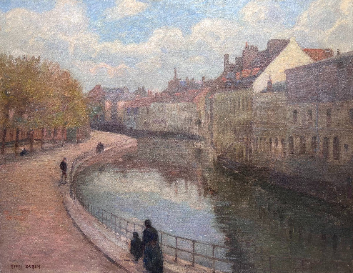 Henri Duhem - Les Quais De La Scarpe à Douai - Oil On Canvas-photo-2