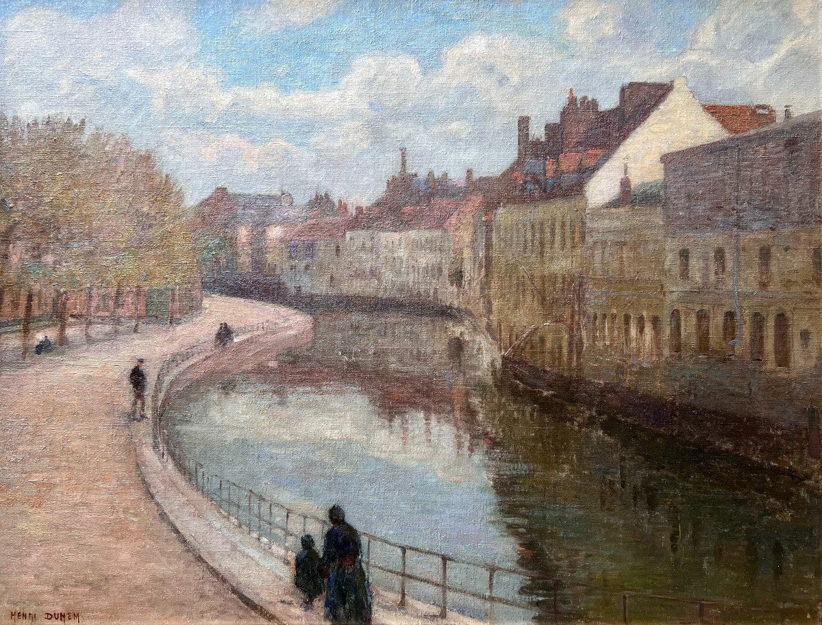 Henri DUHEM - Les Quais de la Scarpe à Douai - Huile sur toile-photo-2