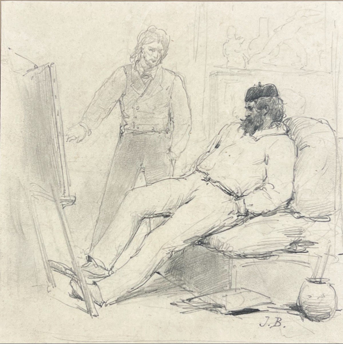 Anonyme (monogramm&eacute; J.B.), Dans l&#039;atelier du peintre, Dessin-photo-3