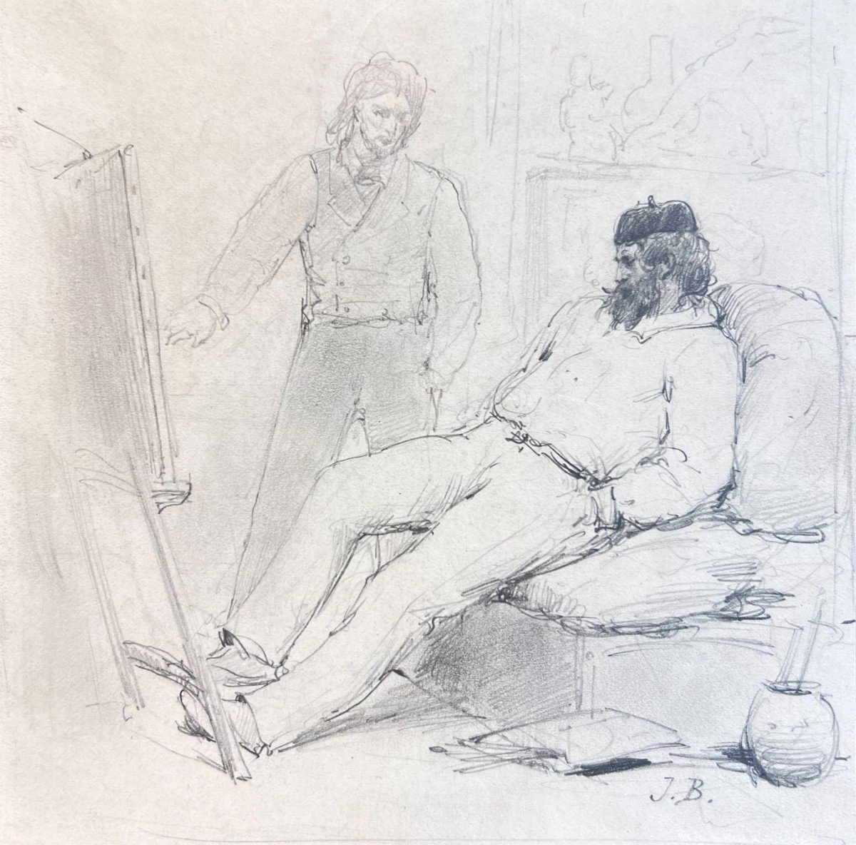 Anonyme (monogramm&eacute; J.B.), Dans l&#039;atelier du peintre, Dessin