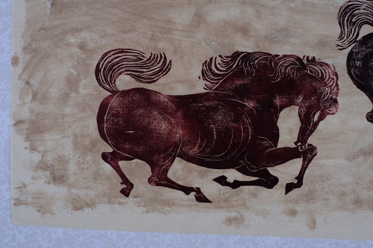 André Toussaint (1923-2006). Woodcut. "horses" No. 1/4 1960. Horse. -photo-4