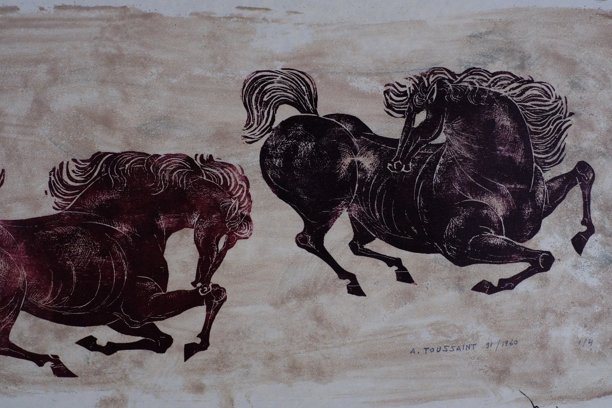 André Toussaint (1923-2006). Woodcut. "horses" No. 1/4 1960. Horse. -photo-1