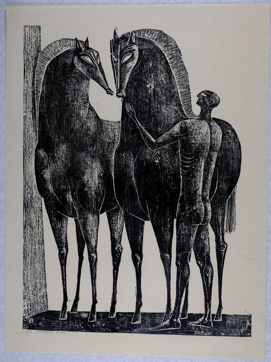 André Toussaint (1923-2006). Woodcut. "horse Trainer" No. 7/7. 1959. Trainer Horses-photo-2