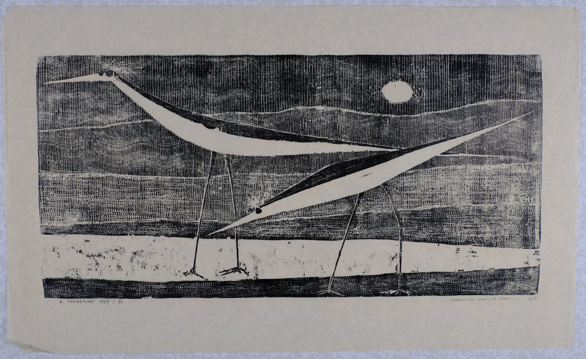 André Toussaint (1923-2006). Xylographie. "oiseaux Au Clair De Lune" N°2/7 . 1959. -photo-2