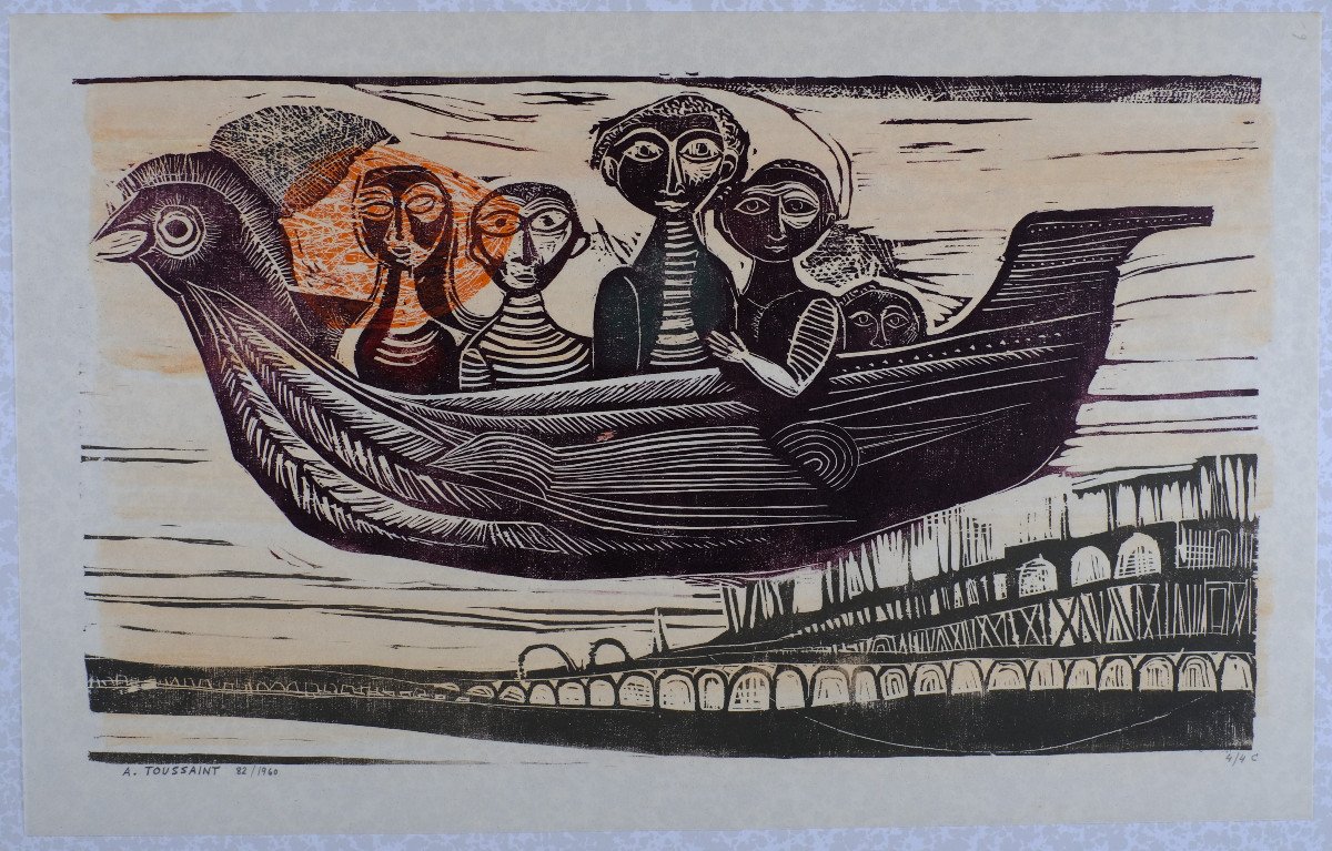 André Toussaint (1923-2006). Woodcut. "flying Bird" Triennial Engraving Prize In 1960.-photo-2