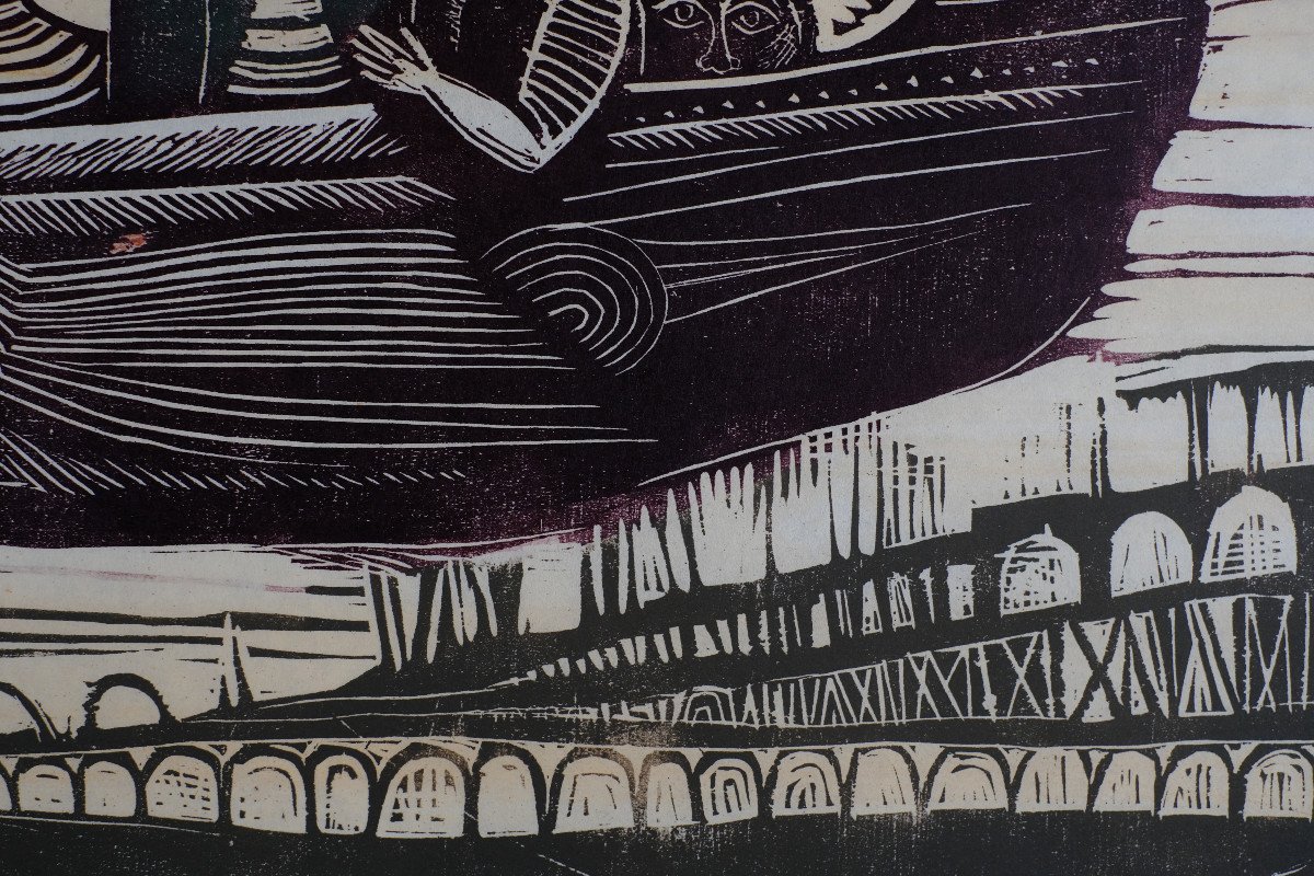 André Toussaint (1923-2006). Woodcut. "flying Bird" Triennial Engraving Prize In 1960.-photo-2