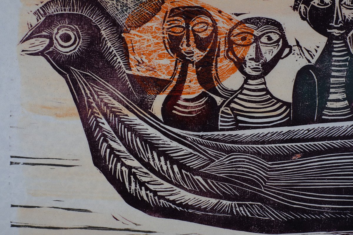 André Toussaint (1923-2006). Woodcut. "flying Bird" Triennial Engraving Prize In 1960.-photo-3