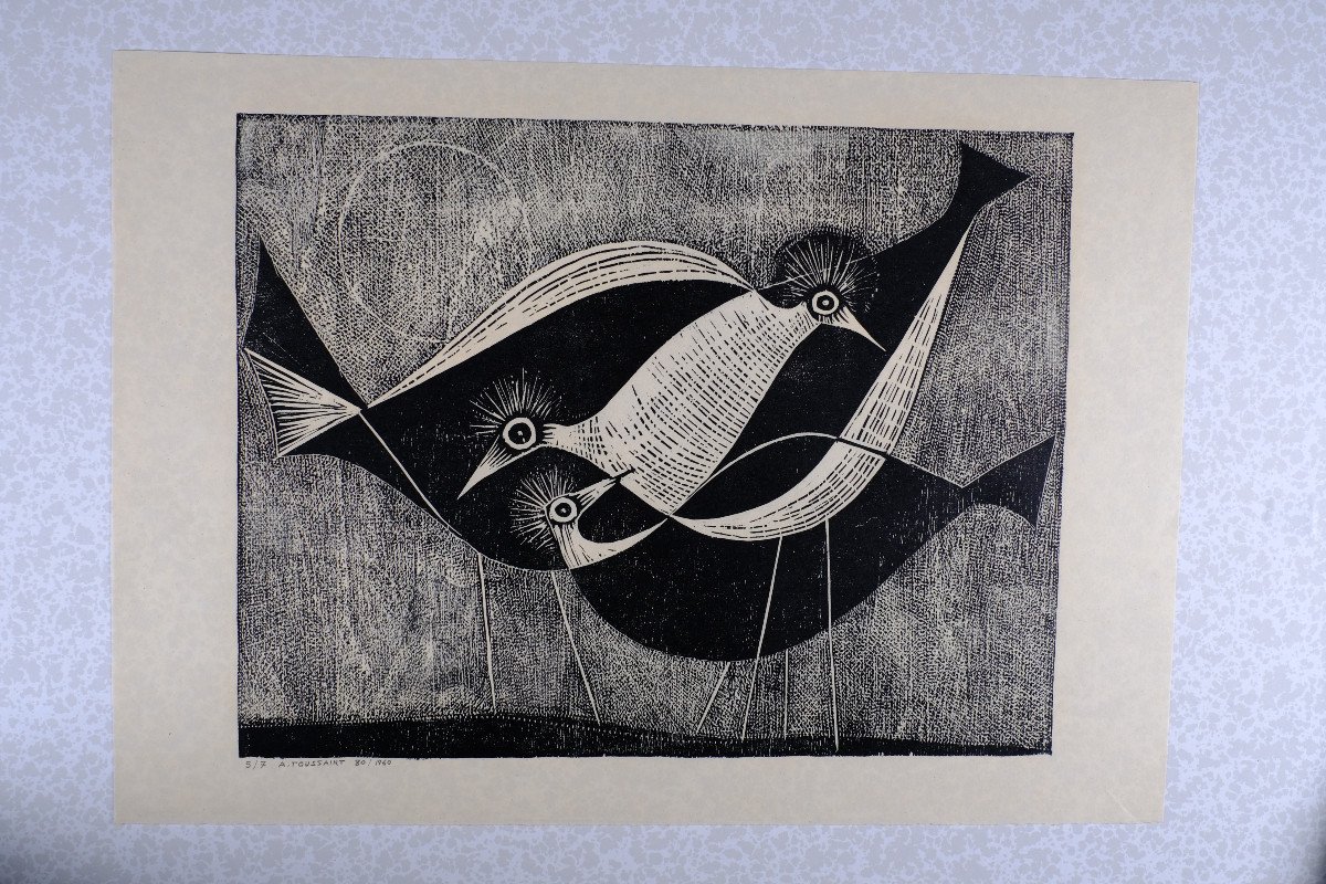 André Toussaint (1923-2006). Woodcut. "hooped Birds" Circa 1960. -photo-2