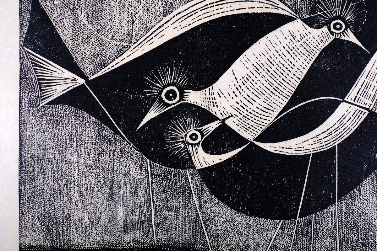 André Toussaint (1923-2006). Woodcut. "hooped Birds" Circa 1960. -photo-3