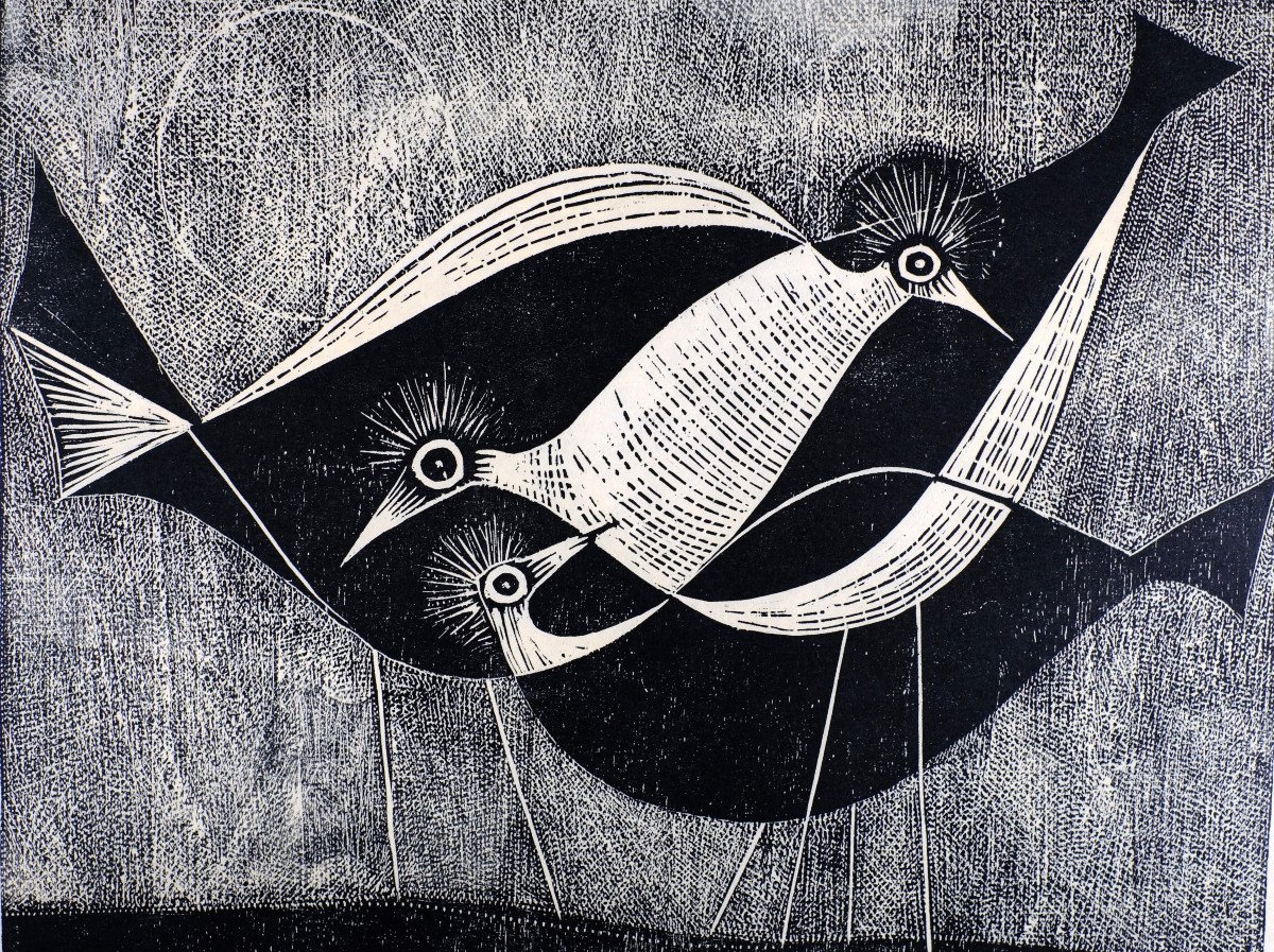 André Toussaint (1923-2006). Woodcut. "hooped Birds" Circa 1960. 