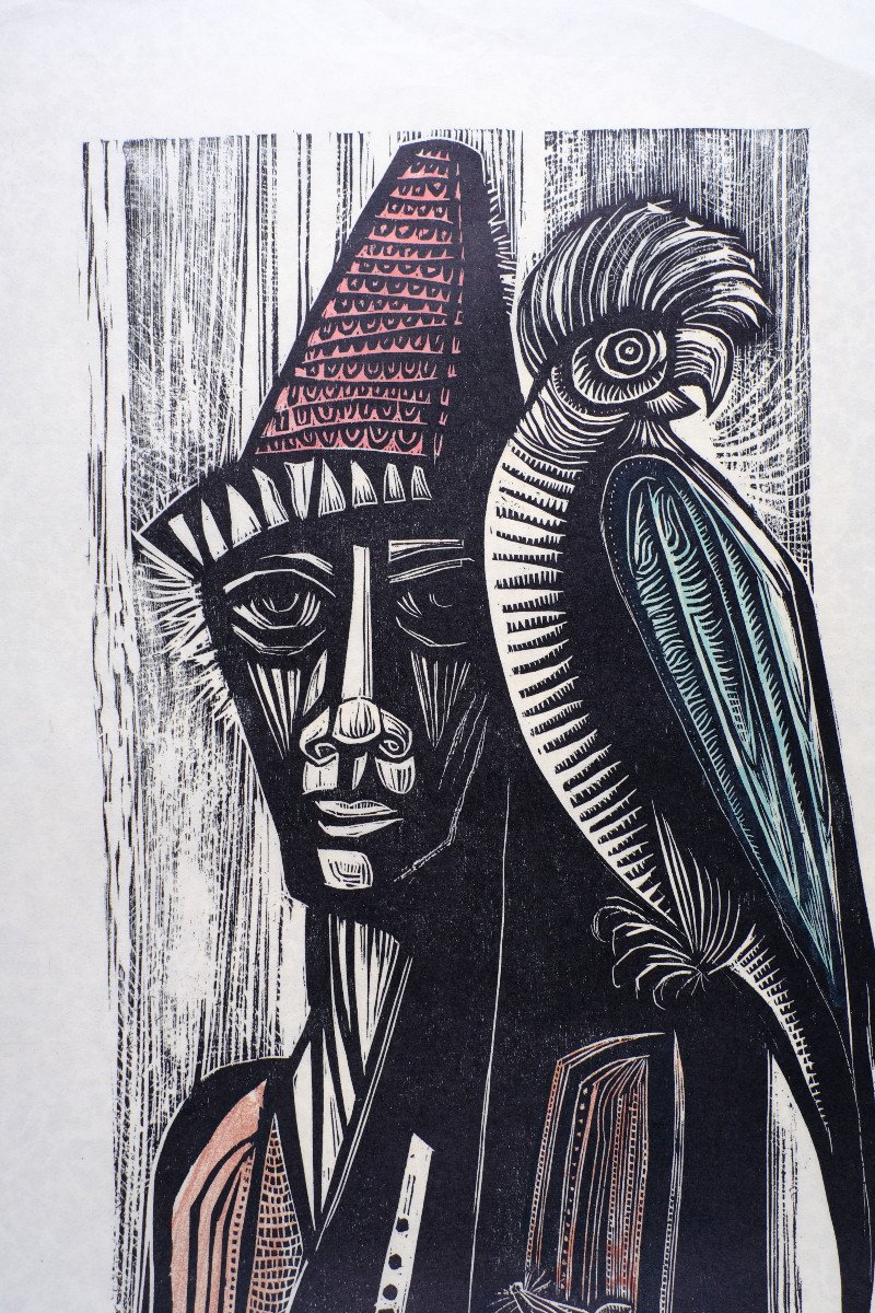 André Toussaint (1923-2006). Woodcut. "the Rats Of Hameln" Parrot. Circa 1960-photo-3