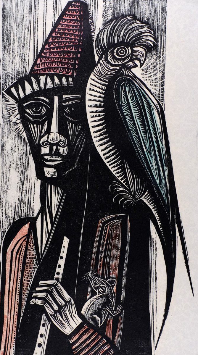 André Toussaint (1923-2006). Woodcut. "the Rats Of Hameln" Parrot. Circa 1960