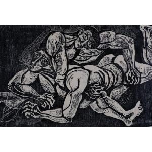 André Toussaint (1923-2006). Woodcut. "wrestling" No. 3/4c. 1959.1950's Wrestlers. Nu Nacked Man