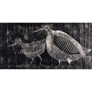 André Toussaint (1923-2006). Woodcut. "birds" Circa 1958. 1950's Artist's Proof.