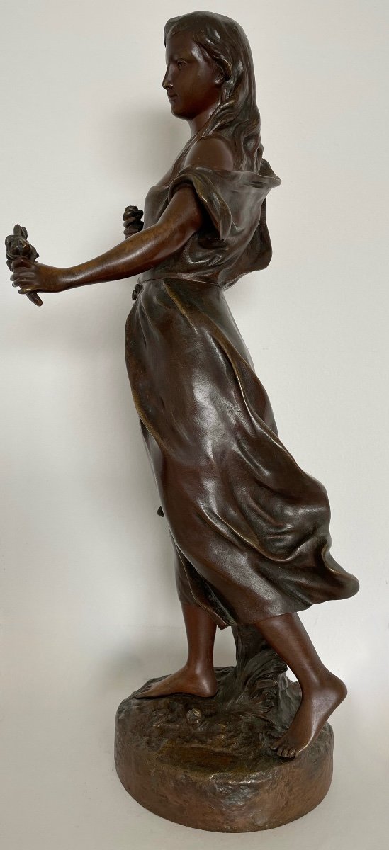 Young Girl With A Bouquet Of Roses, Bronze Sculpture Signed Belin-photo-2