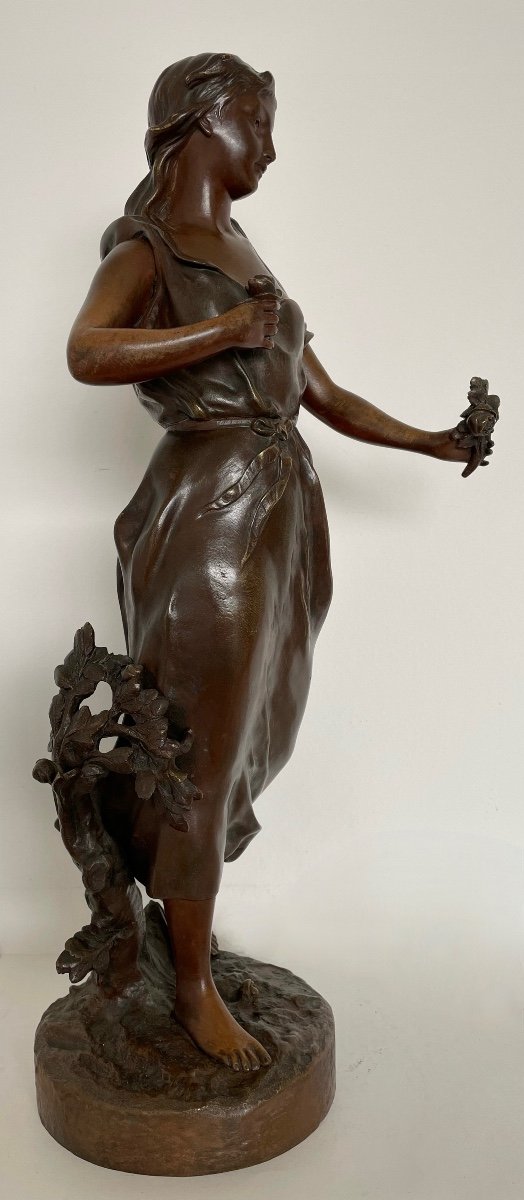 Young Girl With A Bouquet Of Roses, Bronze Sculpture Signed Belin-photo-2