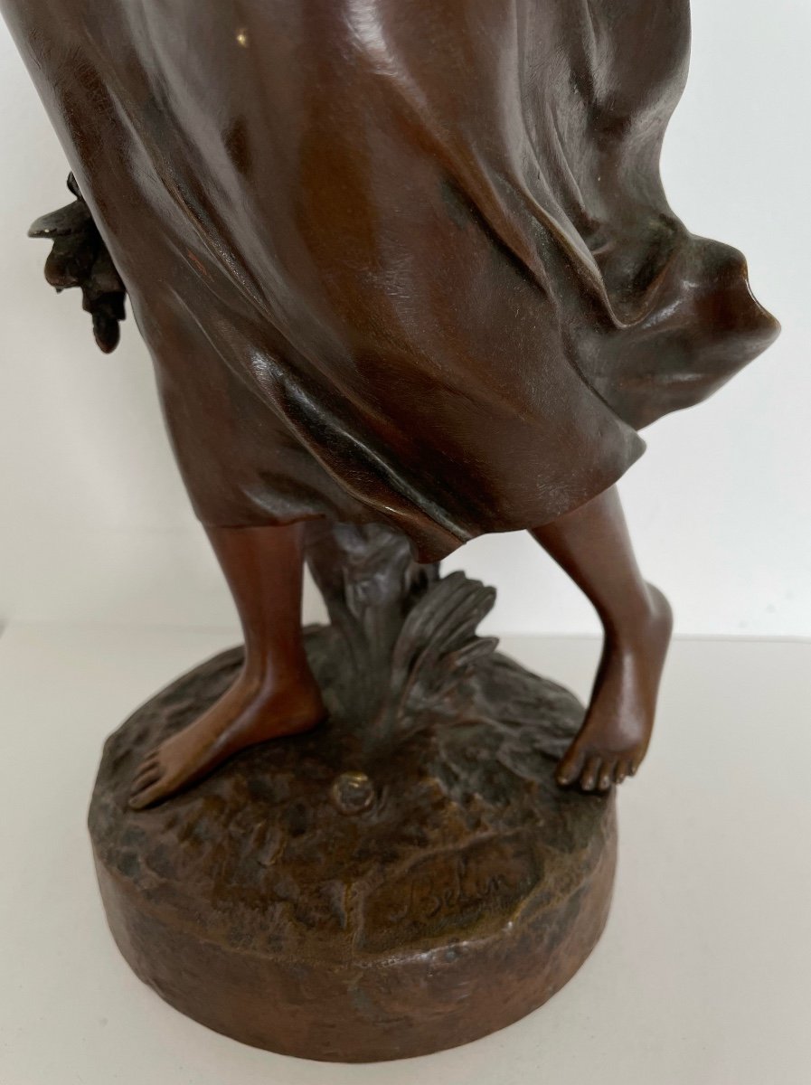 Young Girl With A Bouquet Of Roses, Bronze Sculpture Signed Belin-photo-3