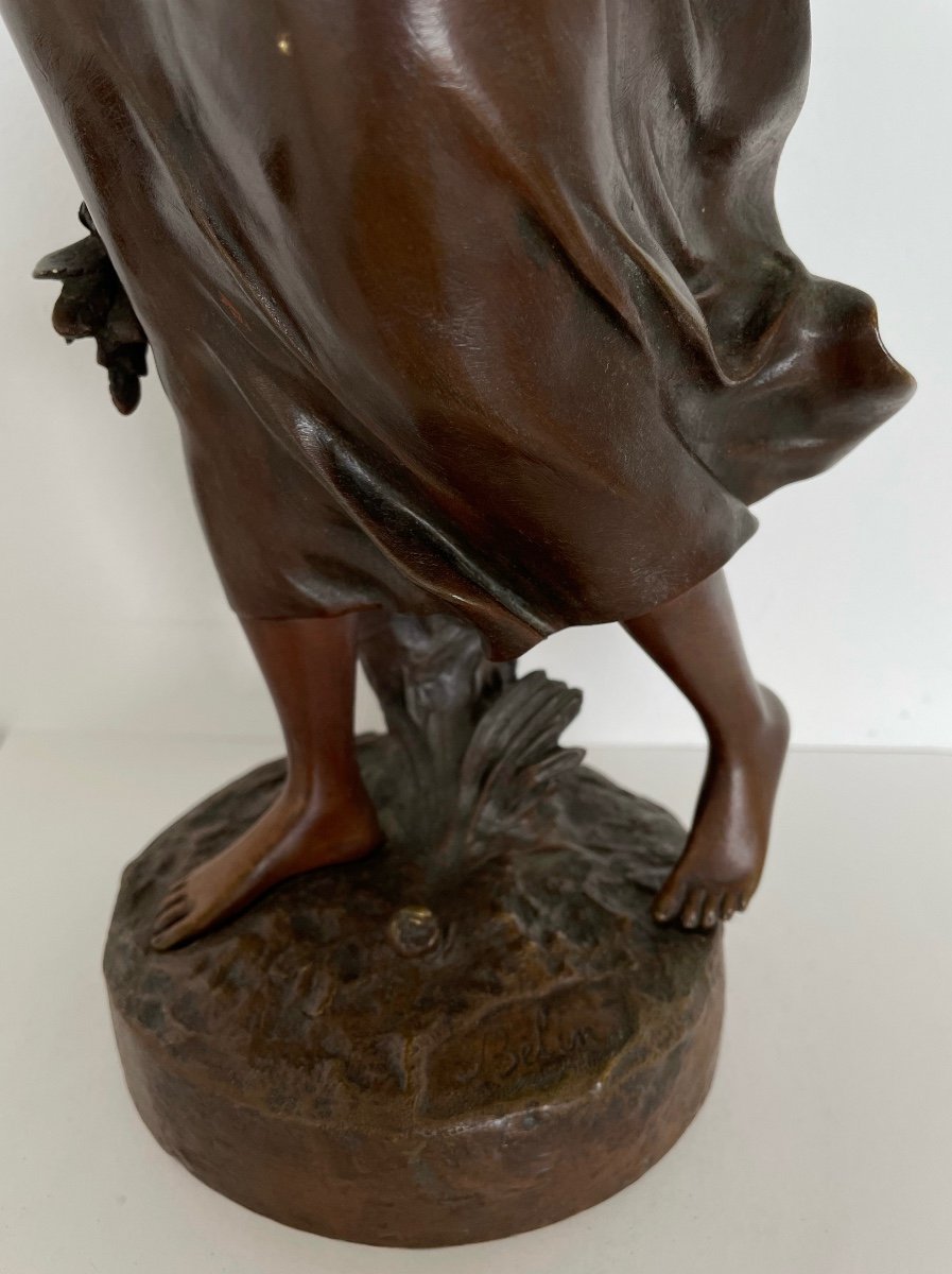  Jeune Fille Au Bouquet De Roses , Sculpture En Bronze Signée Belin -photo-3