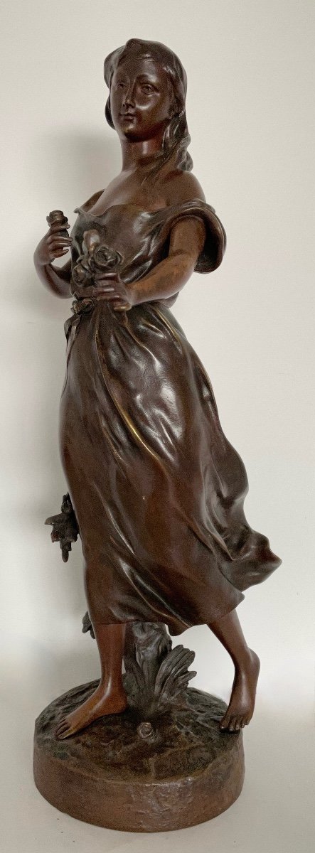 Young Girl With A Bouquet Of Roses, Bronze Sculpture Signed Belin-photo-7