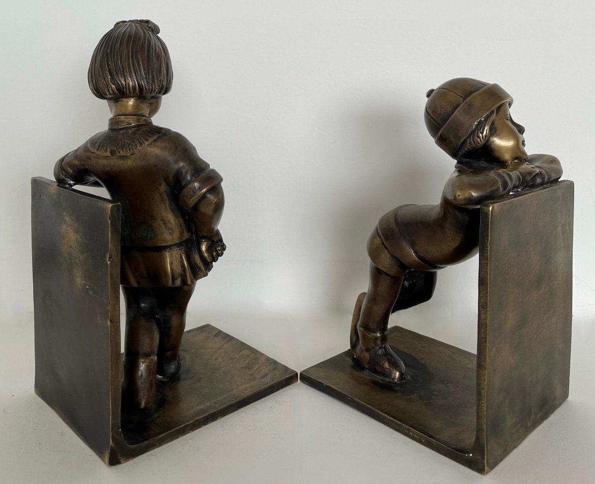 Enfants Des Années 60 , Paire De Serre-Livres En Bronze -photo-3