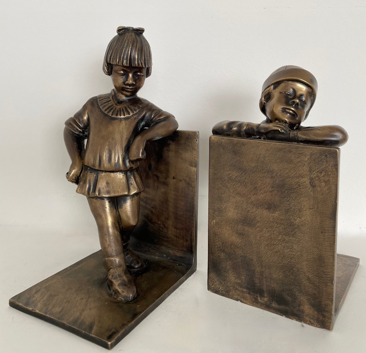 Enfants Des Années 60 , Paire De Serre-Livres En Bronze -photo-4