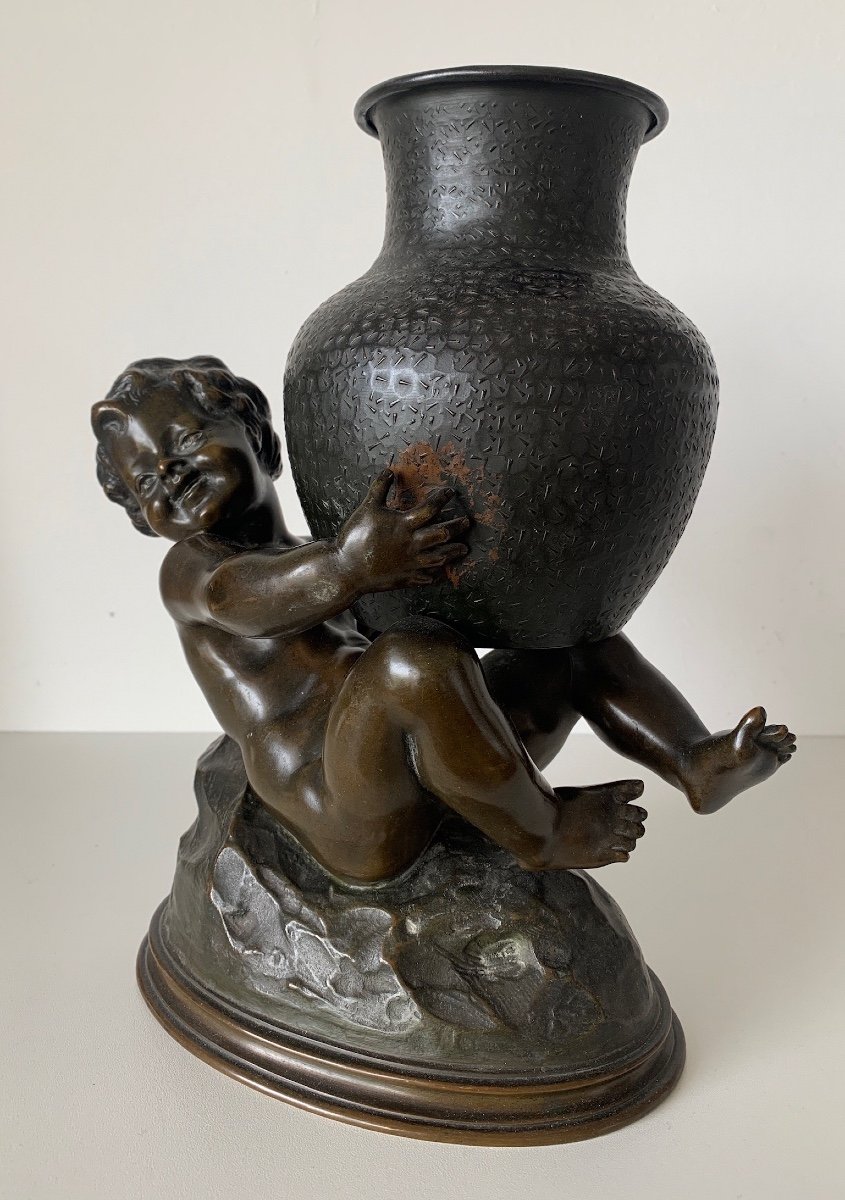 Bronze Subject Representing A Putto Holding A Jar-photo-2
