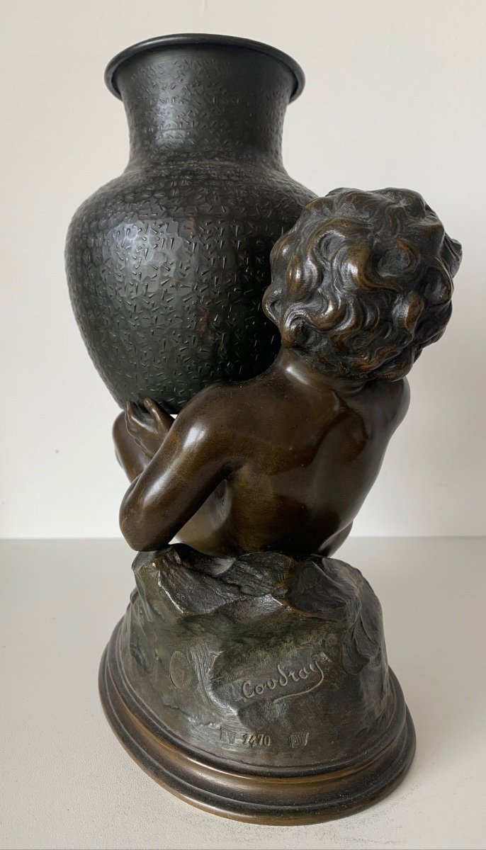 Bronze Subject Representing A Putto Holding A Jar-photo-3