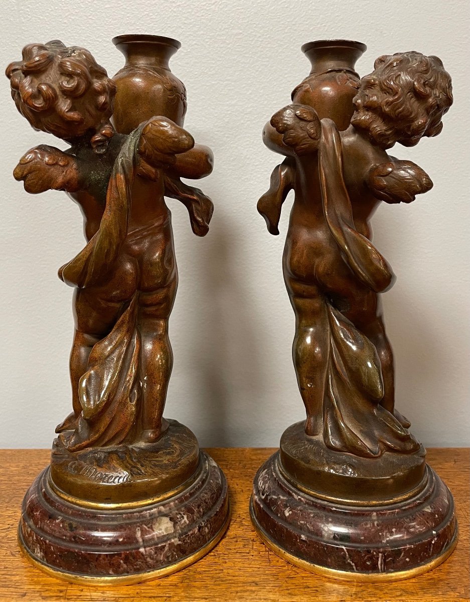 Paire D Angelots En Bronze Signée Auguste Moreau-photo-2