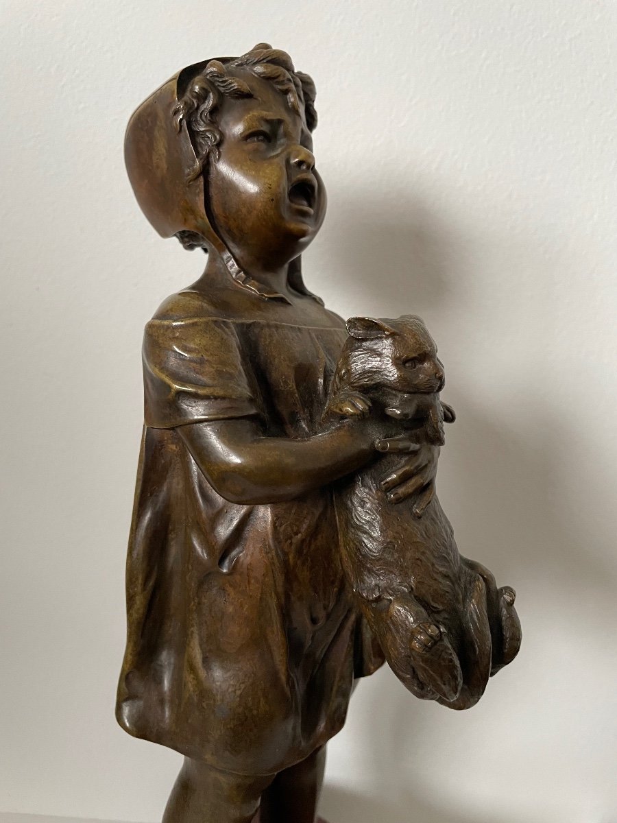 Sculpture En Bronze Représentant Une Petite Fille Et Son Chat-photo-4