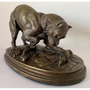 Dog Playing With A Little Rat, Bronze Sculpture