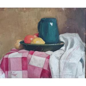 Still Life With Checkered Tablecloth By Pierre Faget Germain (1890-1961)