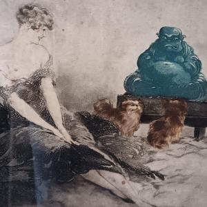 Etching By Louis Icart “elegant With Blue Buddha”