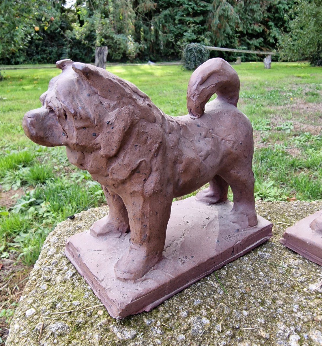 Pair Of Chinese Chow Chow Dog Terracotta Statuettes Signed Dated Monogrammed-photo-2