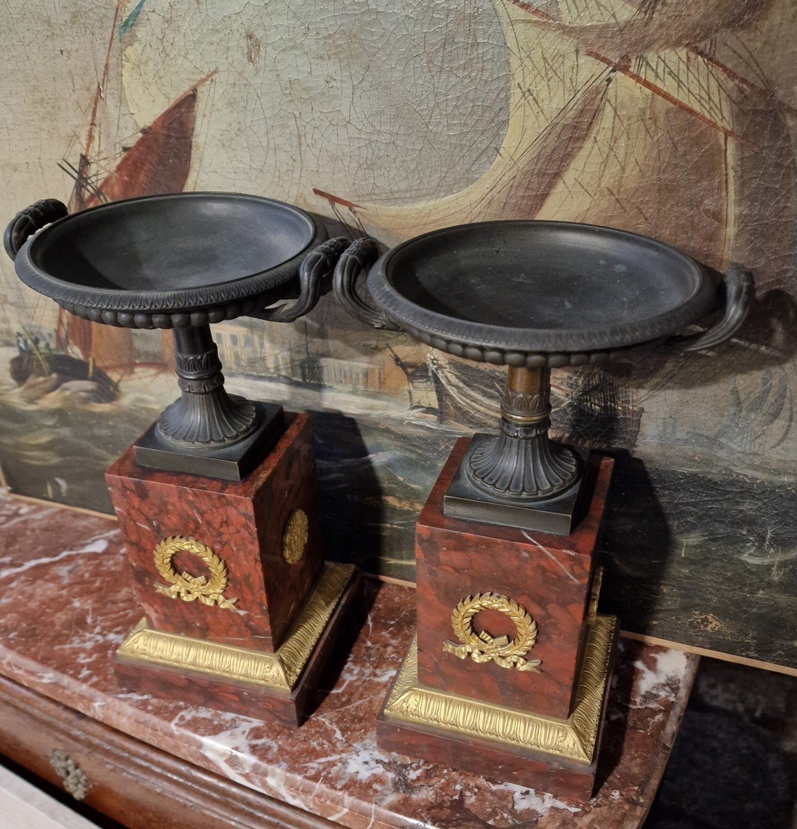 Pair Of Empire Cassolettes In Cherry Marble And Gilt Bronze-photo-4