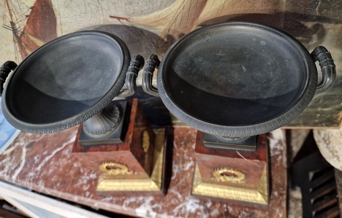 Pair Of Empire Cassolettes In Cherry Marble And Gilt Bronze-photo-2