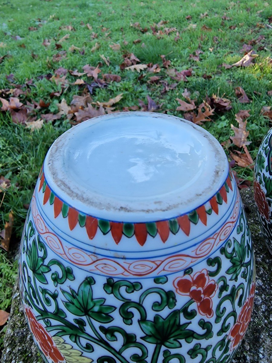 Pair Of Chinese Famille Verte Wucai Ming Dynasty Style Covered Pots Jar-photo-7