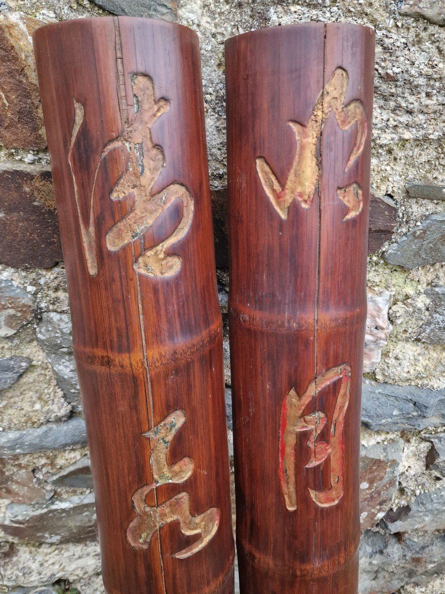 Pair Panels With Sentences Vietnam 19th Bamboo With Calligraphies-photo-3