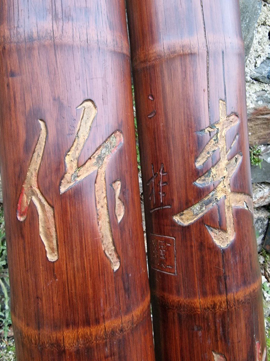 Pair Panels With Sentences Vietnam 19th Bamboo With Calligraphies-photo-2