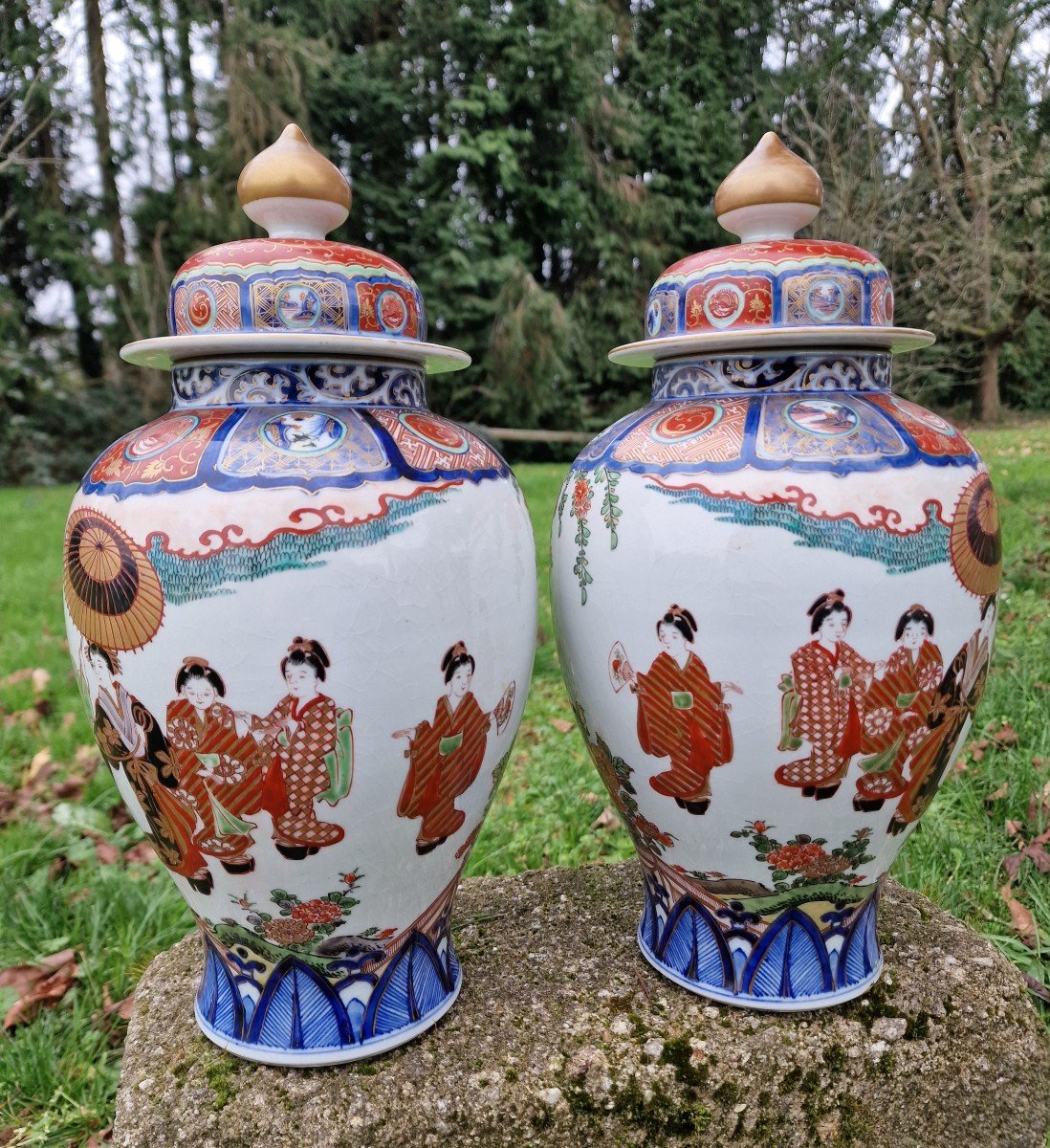 Pair Of Vases Pots Covered Imari Porcelain From Japan Arita-photo-2