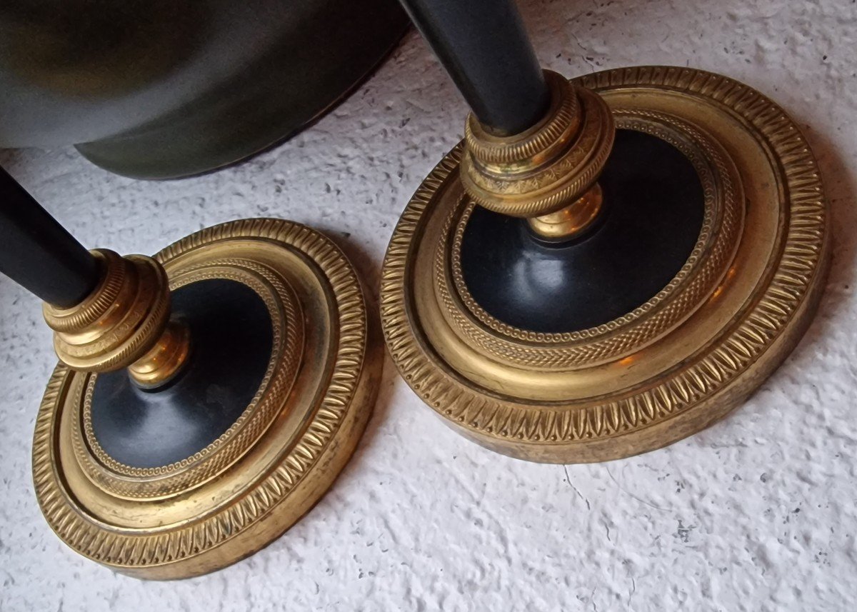 Pair Of Empire Candlesticks With Stars In Double Patina Bronze Attributed To Claude Galle-photo-6