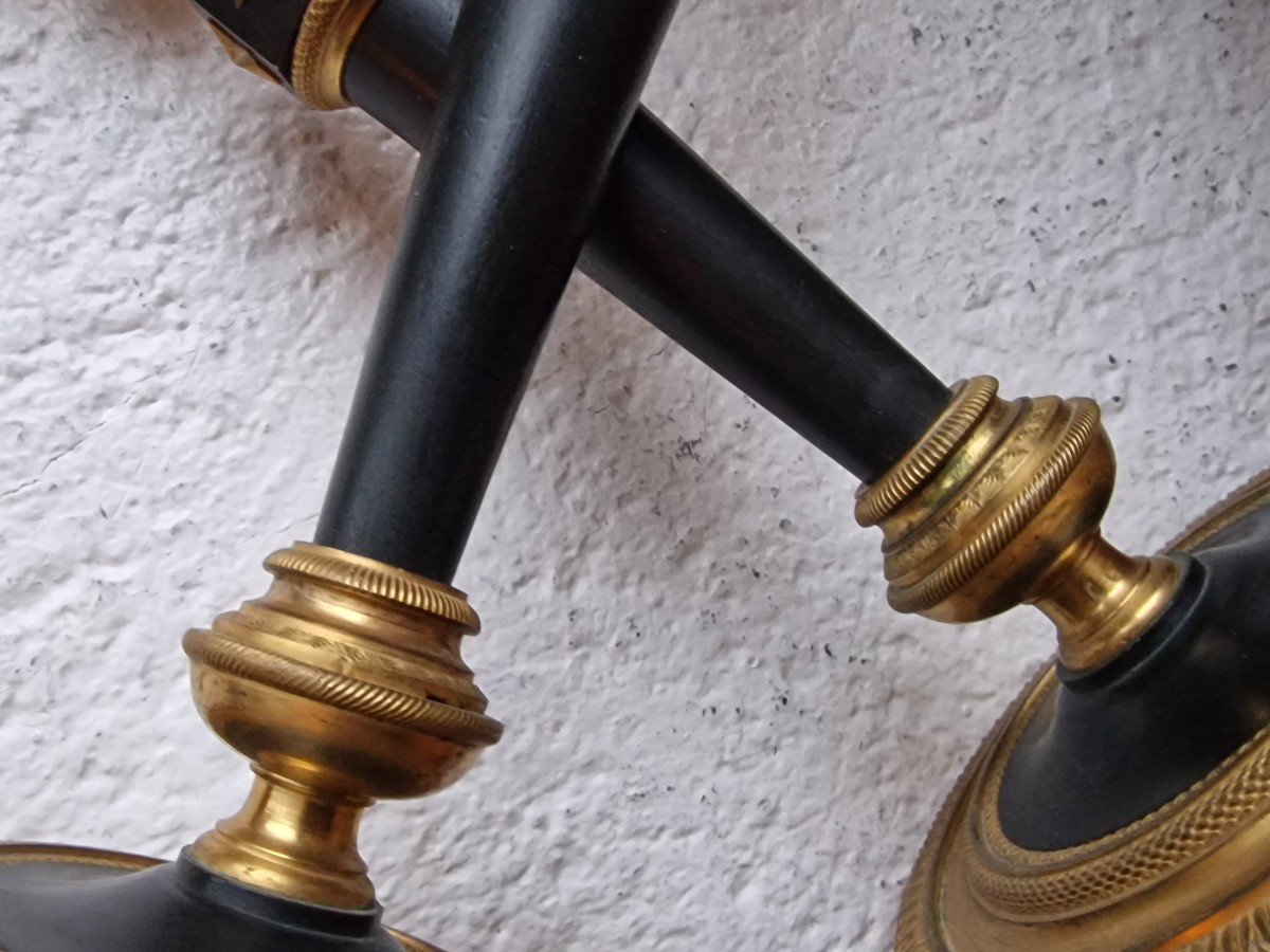 Pair Of Empire Candlesticks With Stars In Double Patina Bronze Attributed To Claude Galle-photo-7