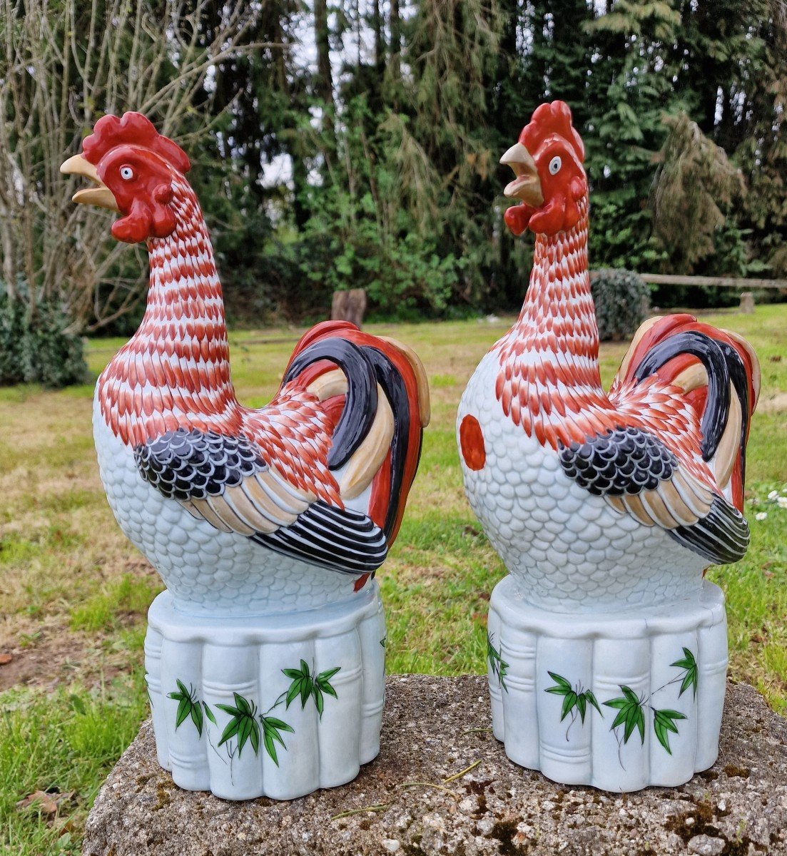 Pair Of Porcelain Roosters From Japan Arita Imari-photo-3